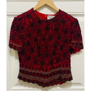 Papell Boutique Beaded Top Evening Party Cocktail Blouse Red‎ Black S Vintage